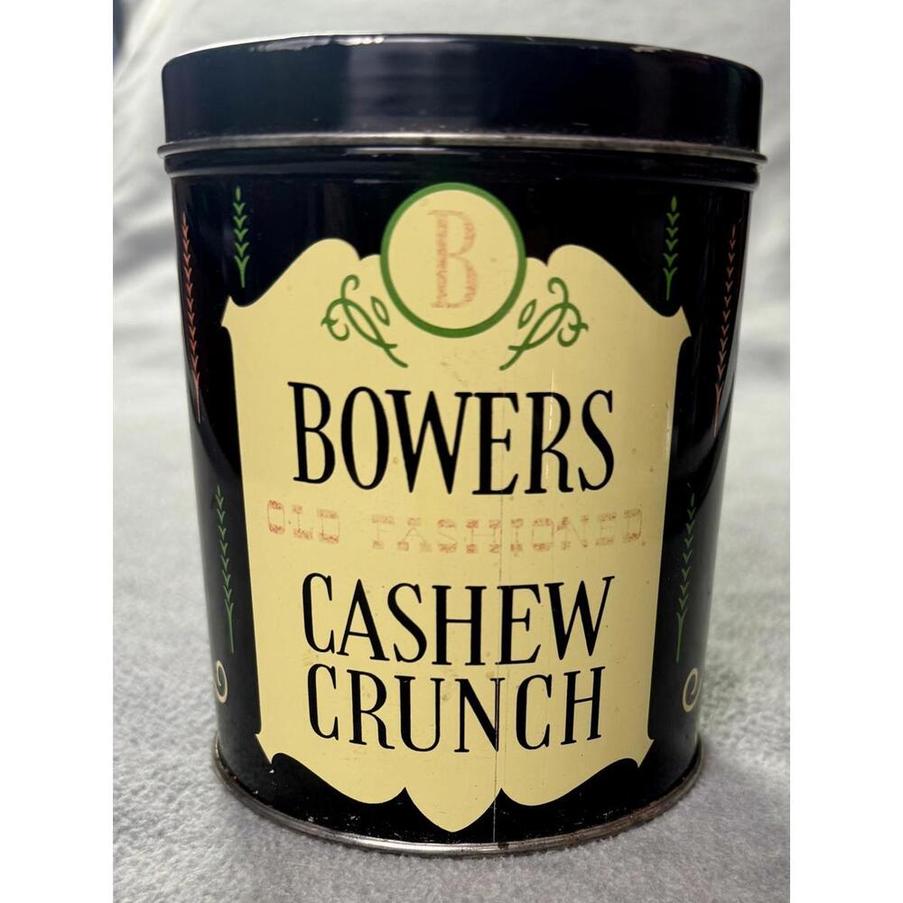 vintage bowers cashew crunch tin black yellow nut candy canister retro decor